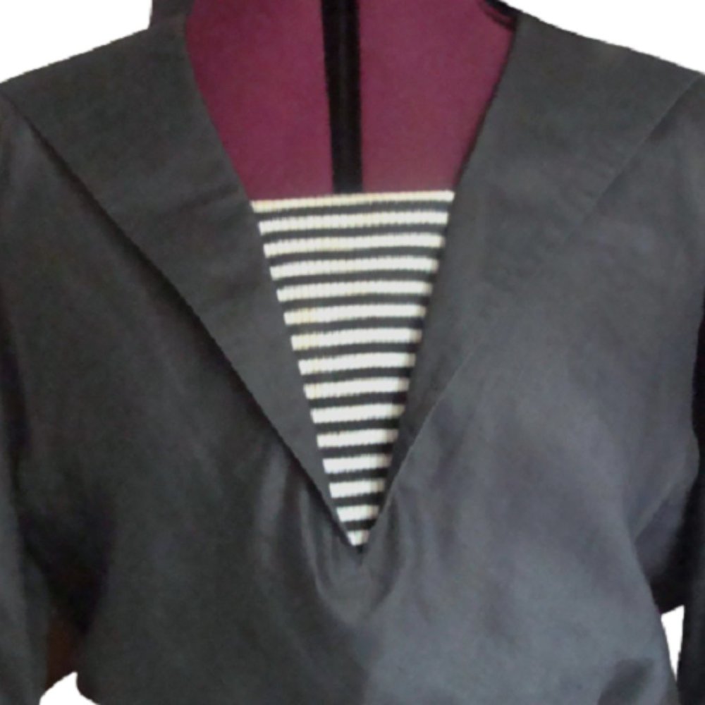 80s Structured Sailor Crisp Black Linen Balloon Sleeve Top - Picture 2 of 16